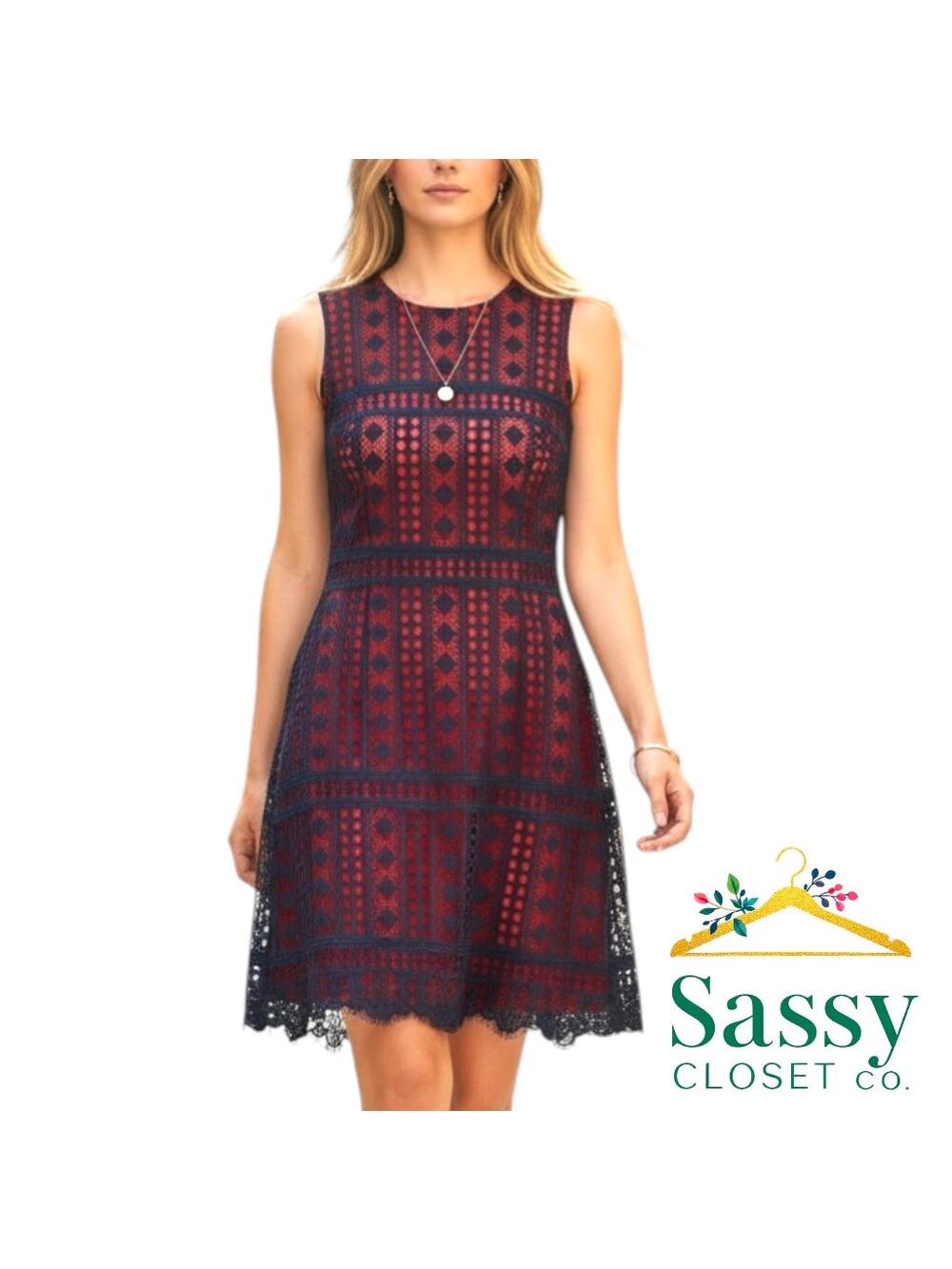 ✨ TOMMY HILFIGER Red Navy Crochet Overlay Dress 10 EUC Scalloped Lace 💙